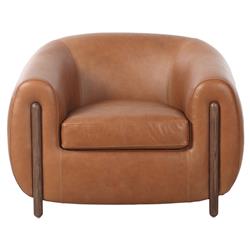 Riley Mid Century Modern Brown Upholstered Leather Wood Barrel Chair