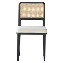Vin Coastal White Upholstered Cushion Natural Woven Cane Black Wood Dining Chair