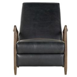 Olena Mid Century Modern Black Upholstered Leather Brown Wood Frame Recliner Arm Chair
