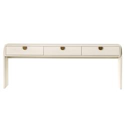 Maya Cream Painted Linen Mahogany Wood Brass Iron Pull 3 Drawer Console Table