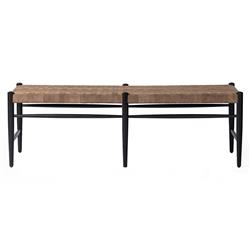 Lara Coastal Beach Brown Woven Leather Seat Black Oak Wood Frame Bench