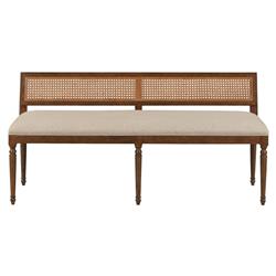 Colette French Beige Upholstered Linen Woven Cane Brown Wood Dining Bench