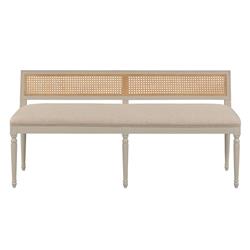 Colette French Beige Upholstered Linen Woven Cane Wood Frame Dining Bench