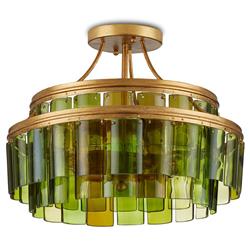 Verde Mid Century Green Glass Gold Leaf Wrought Iron Semi Flush Mount