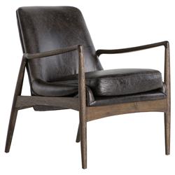 Olena Mid Century Black Upholstered Leather Brown Oak Wood Living Room Arm Chair