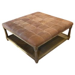Ishan Rustic Lodge Brown Upholstered Leather Solid Oak Wood Tufted Ottoman