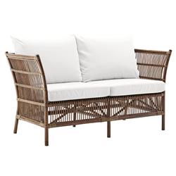 Sydney Coastal Beach White Performance Cushion Antique Brown Rattan Sofa - 57.1"W