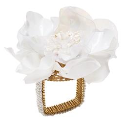 Gardenia Modern White Petal Beads Gold Metal Napkin Ring - Set of 4