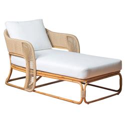 Rina Ellen Coastal White Upholstered Natural Rattan Outdoor Lounge Chaise