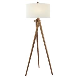 Visual Comfort Tripod Industrial Loft French Wax Wood Linen Shade Floor Lamp