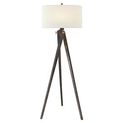 Visual Comfort Tripod Industrial Loft Tudor Brown Wood Linen Shade Floor Lamp
