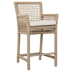 Sonia Coastal Beach White Upholstered Brown Woven Rope Outdoor Counter Stool