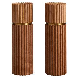 L'Objet Ionic Modern Natural Oak Wood Brass Accent Salt & Pepper Mills Set