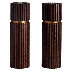 L'Objet Ionic Modern Smoked Oak Wood Brass Accent Salt & Pepper Mills Set