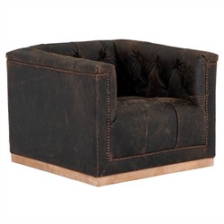 Emmy Rustic Lodge Vintage Black Leather Tufted Nailhead Trim Swivel Club Chair