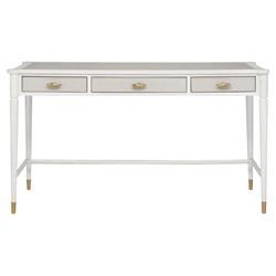 Ejiro Modern Classic Off White Mahogany Oak Wood Brass Pull 3 Drawer Desk