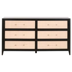 Steven Coastal Beach Natural Rattan Black Wood Frame 6 Drawer Dresser