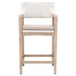 Lucile Coastal Beach Beige Cushion White Woven Rattan Mahogany Counter Stool