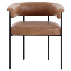 Penelope Industrial Brown Upholstered Leather Black Iron Barrel Dining Arm Chair