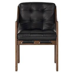 Hadley Rustic Lodge Black Upholstered Leather Brown Wood Tufted Dining Arm Chair