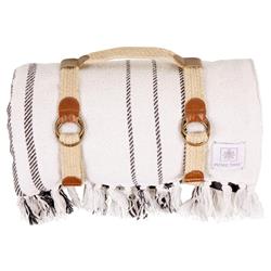 Milan Modern Classic White Woven Blue Stripe Cotton Picnic Blanket with Harness