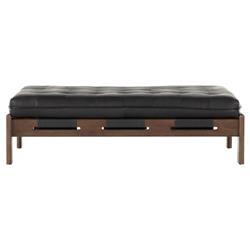 Hadley Black Upholstered Leather Brown Wood Rectangular Tufted Cocktail Ottoman