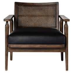Xander Rustic Lodge Brown Woven Cane Black Leather Seat Occasional Arm Chair