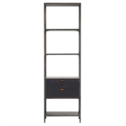 Open Box Theodore Industrial Loft Black Wood Grey Iron Frame 2 Drawer Display Bookcase