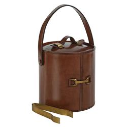 Fina Mid Century Tan Leather Antique Gold Brass Accent Ice Bucket with Tong