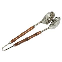 Fleur Coastal Beach Silver Stainless Steel Brown Bamboo Handle Serving Tong