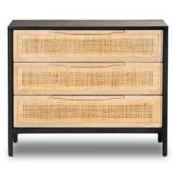 Rhian Coastal Beach Black Mango Wood Woven Cane 3 Drawer Nightstand