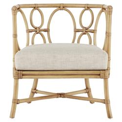Theo Coastal Beach Beige Upholstered Natural Rattan Barrel Chair