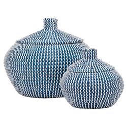 Pigeon and Poodle Roslyn White Woven Navy Seagrass Round Floor Basket - Set of 2