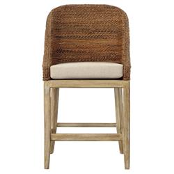Larissa Coastal Beach Cream Upholstered Linen Brown Oak Woven Rope Counter Stool