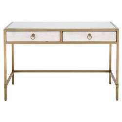 Simon Modern Pearl White Faux Shagreen Brushed Gold Metal 2 Drawer Desk