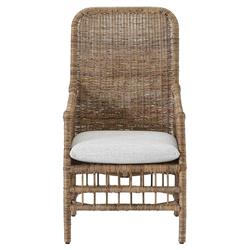 Clio Coastal Beach Off White Cushion Brown Woven Wicker Dining Arm Chair