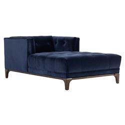 Allen Mid Century Blue Velvet Upholstered Brown Wood Tufted Chaise Lounge