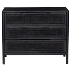 Rhian Coastal Beach Black Mango Wood Black Woven Cane 3 Drawer Nightstand