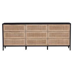 Rhian Coastal Natural Woven Cane Black Mango Wood 9 Drawer Dresser