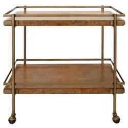 Worlds Away Cash Modern Classic Dark Brown Burl Wood Antique Brass Bar Cart