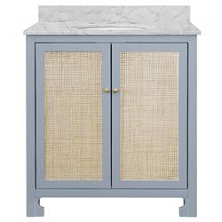 Worlds Away Boyd Coastal White Marble Cane Blue Wood Vanity Sink - 31&quot;