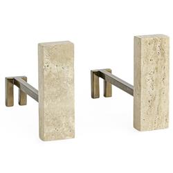 Palecek Cordell Modern Natural Travertine Brass Metal Fireplace Andirons