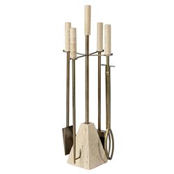 Palecek Cordell Natural Travertine Stone Brass Iron 4 Piece Fireplace Tool Set