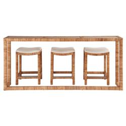 Carter Coastal Brown Travertine Top Natural Rattan Console Table with Stools