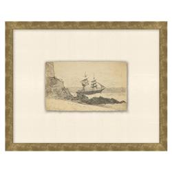 Marina Coastal Beach Beige Seascape Gold Frame Illustration 4 - 12x15