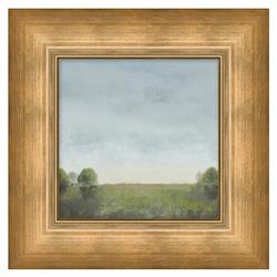 Breezy French Country Blue Sky Green Landscape Brown Frame Painting - 16x16
