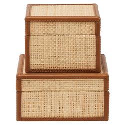 Pigeon and Poodle Hanford Natural Raffia Brown Leather Trim Decorative Box - Set of 2