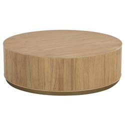 Palmerston Modern Natural Oak Brushed Gold Steel Round Drum Coffee Table
