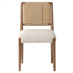 Ronan Coastal Beige Upholstered Seat Woven Rush Brown Oak Wood Dining Side Chair