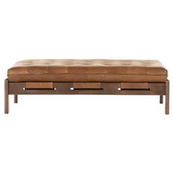 Hadley Rustic Brown Leather Wood Tufted Ottoman